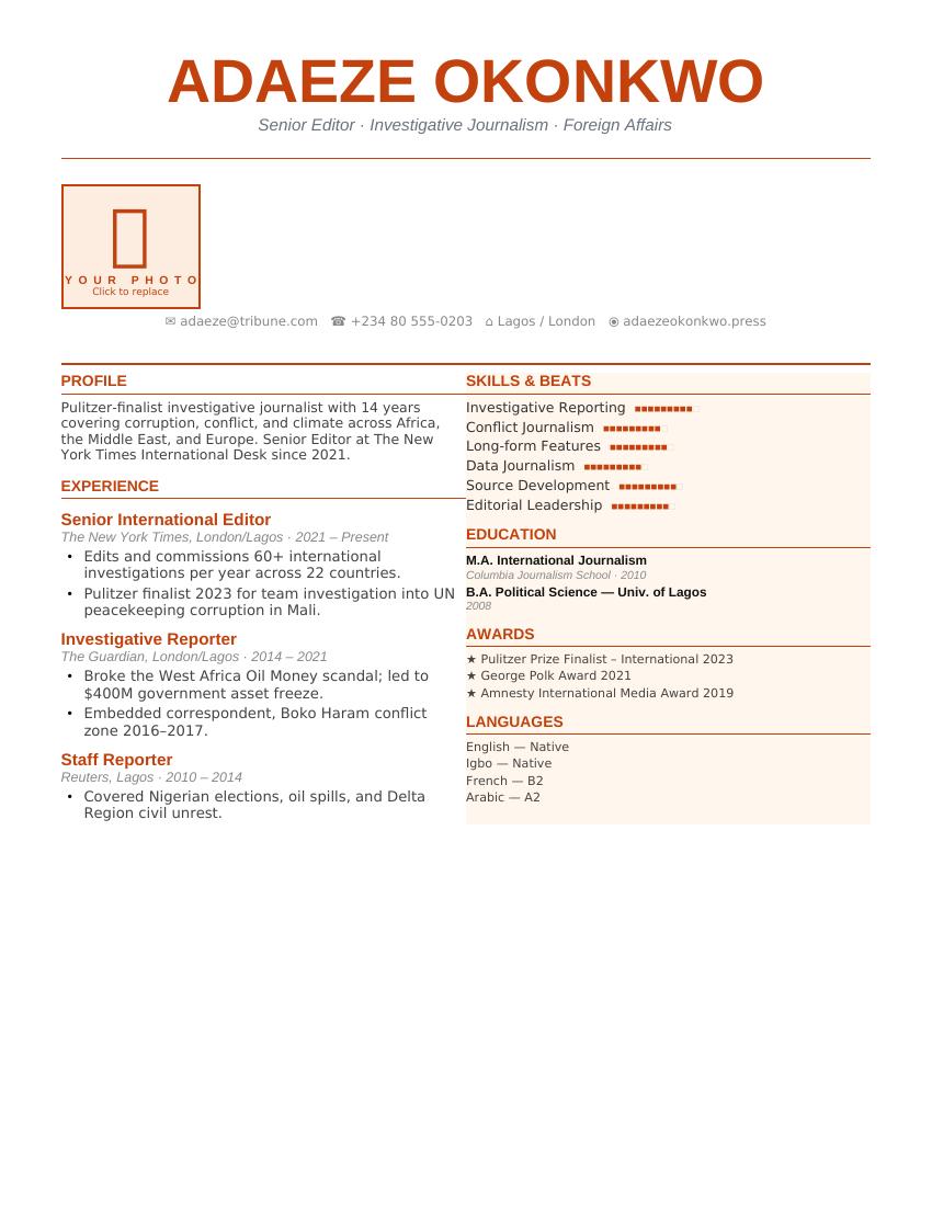 Terracotta Journalist CV template preview