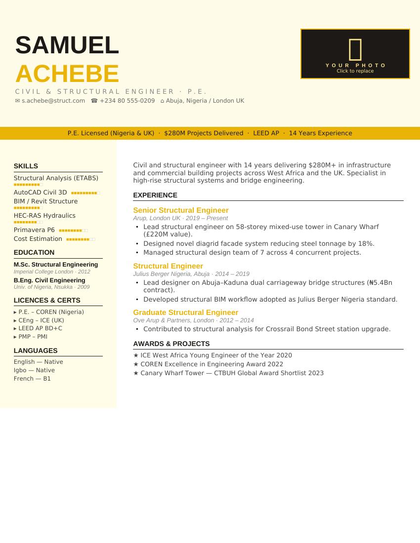 Bold Yellow Civil Engineer CV template preview
