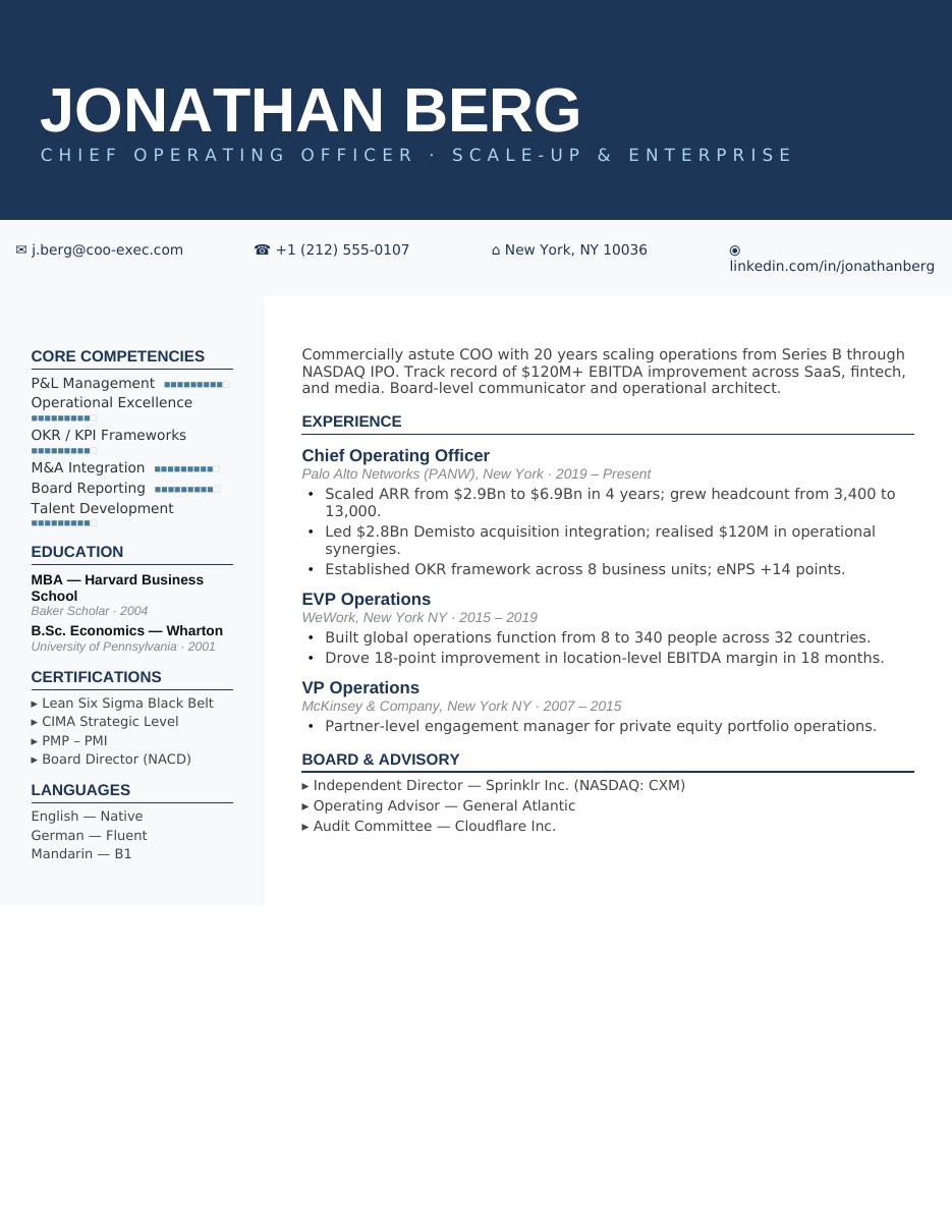 Executive COO CV template preview