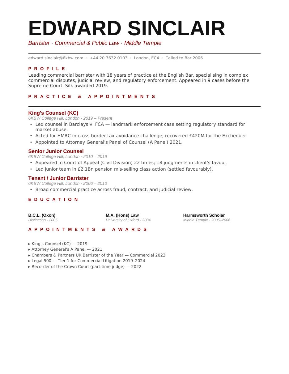 Ivy League Barrister CV template preview