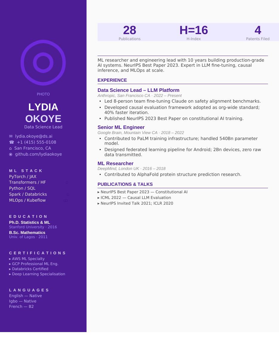 Modern Split Data Scientist CV template preview