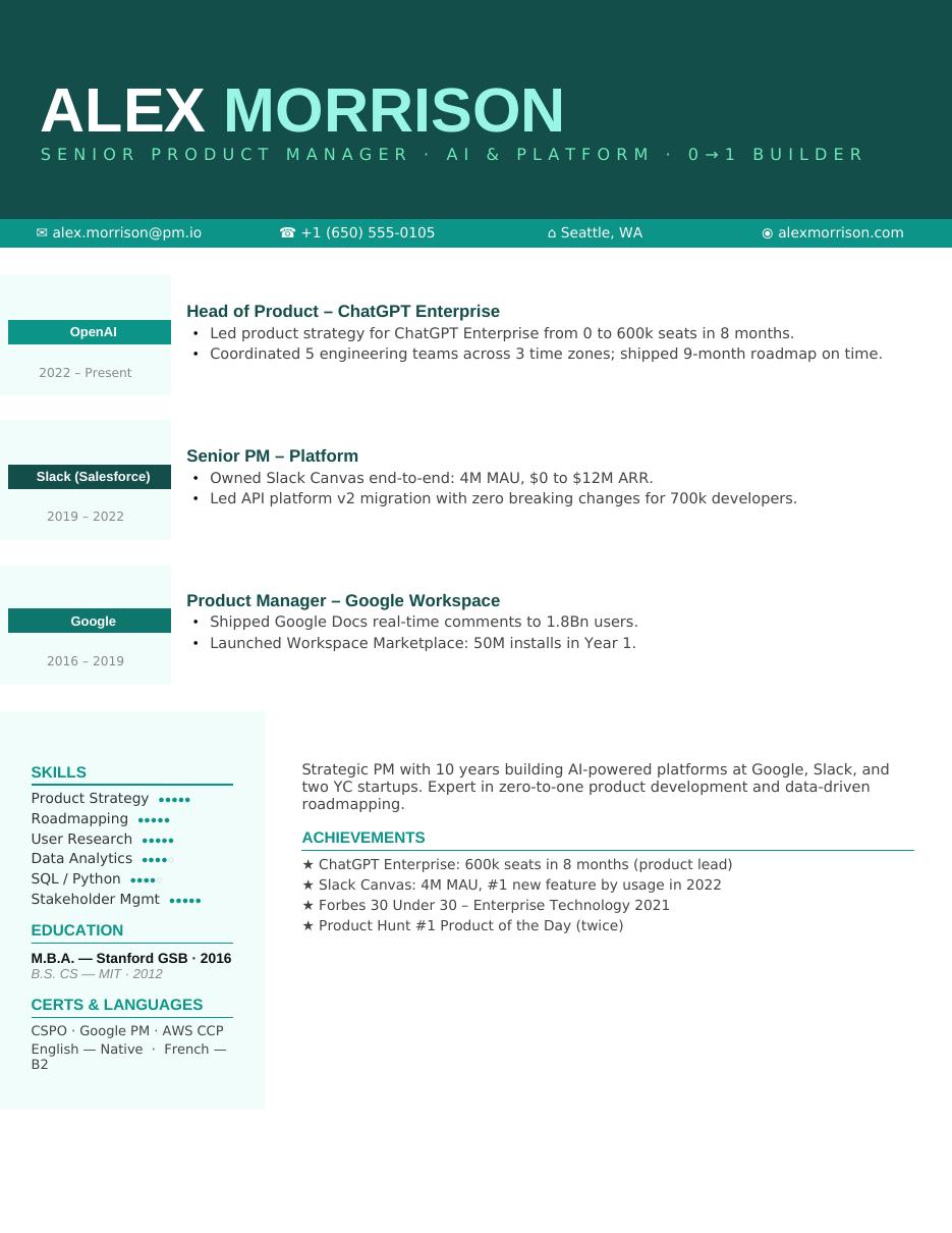 Timeline Brands PM CV template preview