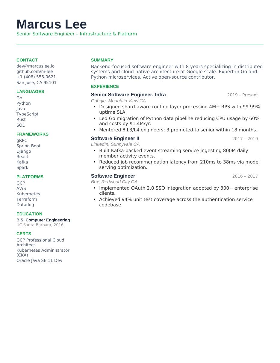 Software Engineer Resume CV template preview